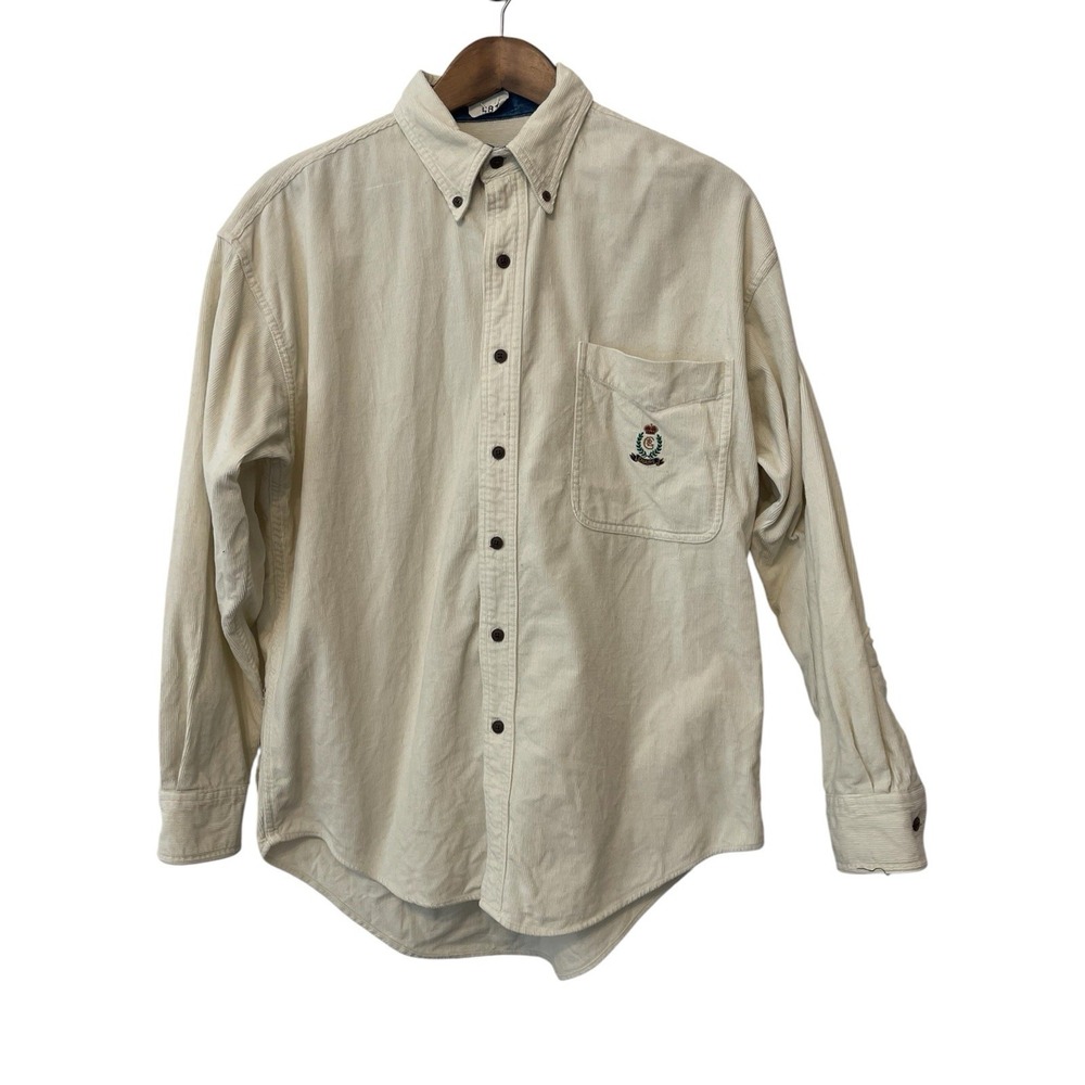 Men's Vintage Chaps Ralph Lauren Cream Corduroy Button Down Shirt M Crest Logo